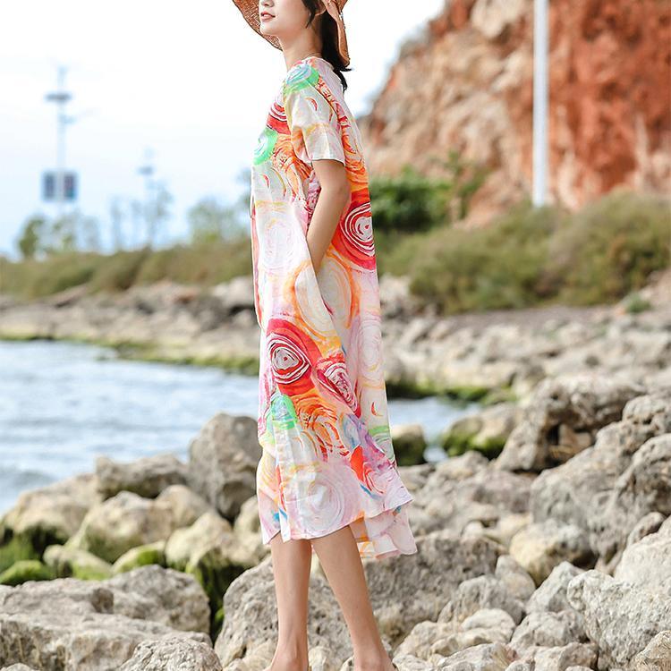 Art Square Collar linen dresses Women Outfits print baggy Dresses Summer - Omychic