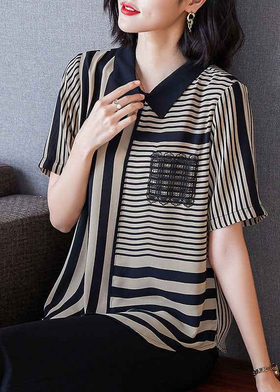 Art Striped Peter Pan Collar Patchwork Chiffon Shirts Top Summer