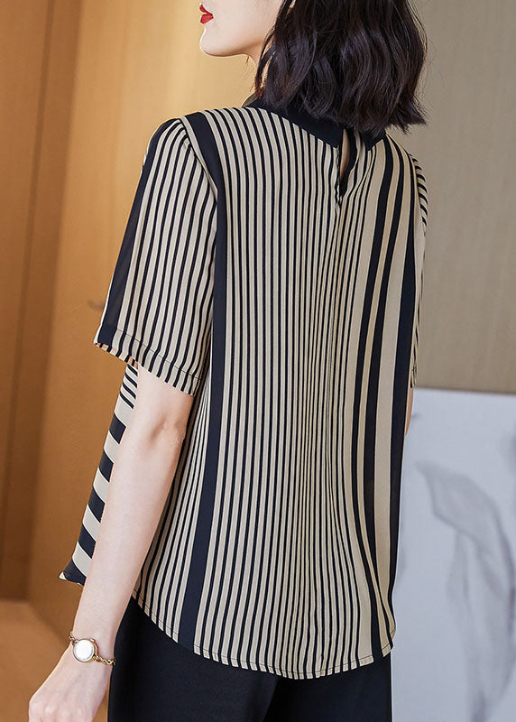 Art Striped Peter Pan Collar Patchwork Chiffon Shirts Top Summer