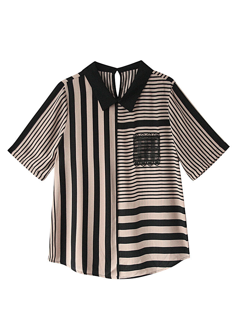 Art Striped Peter Pan Collar Patchwork Chiffon Shirts Top Summer