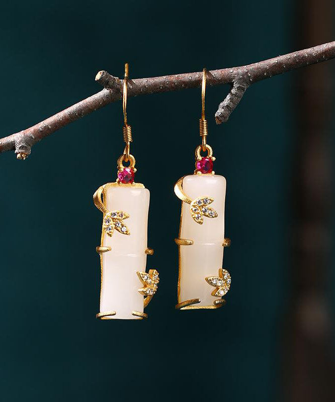 Art White Ancient Gold Inlaid Zircon Jade Bamboo Joint Drop Earrings
