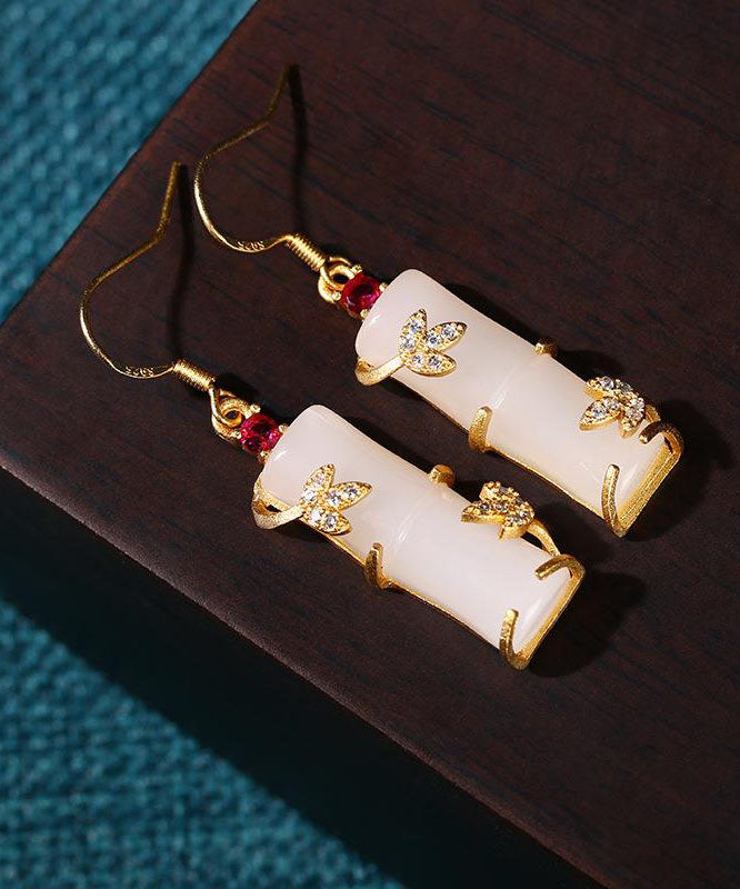 Art White Ancient Gold Inlaid Zircon Jade Bamboo Joint Drop Earrings