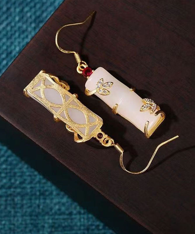 Art White Ancient Gold Inlaid Zircon Jade Bamboo Joint Drop Earrings