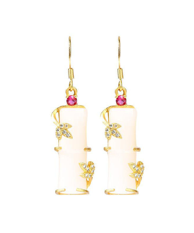 Art White Ancient Gold Inlaid Zircon Jade Bamboo Joint Drop Earrings
