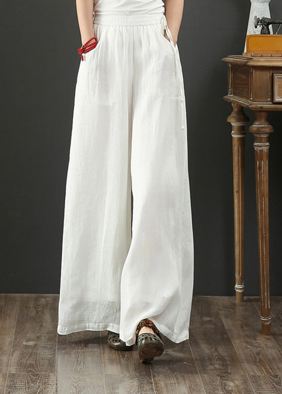 Art White Elastic Waist Linen Wide Leg Pants Spring