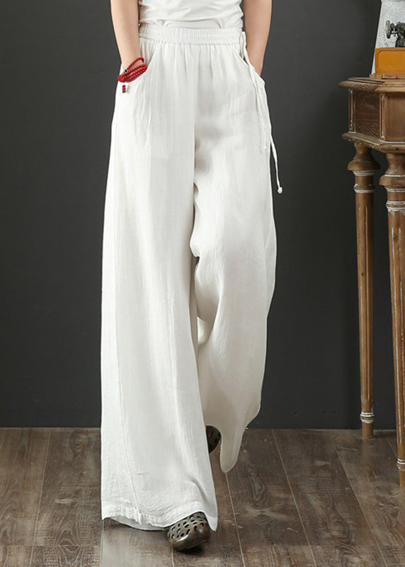 Art White Elastic Waist Linen Wide Leg Pants Spring