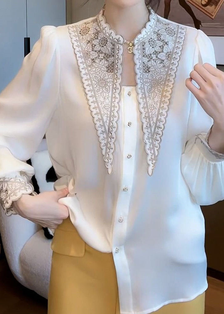Art White Embroidered Patchwork Chiffon Blouses Spring