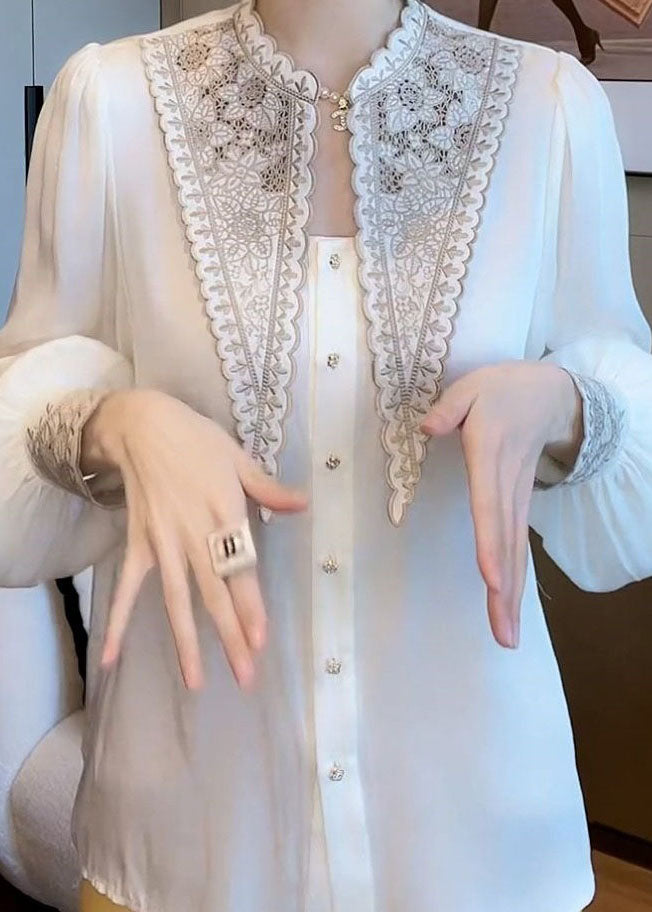 Art White Embroidered Patchwork Chiffon Blouses Spring