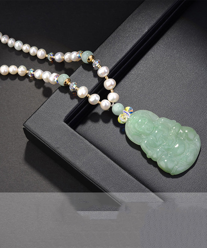 Art White Jade Pearl Zircon Pendant Necklace