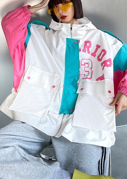 Art White Letter Patchwork Cotton Spring Hooded Coat - Omychic