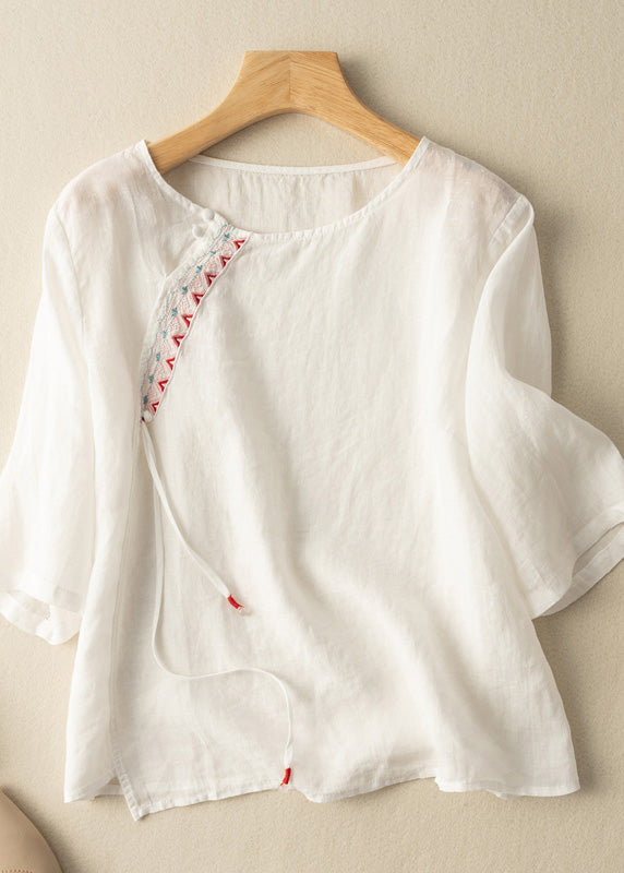Art White O-Neck Embroidered Linen Top Long Sleeve