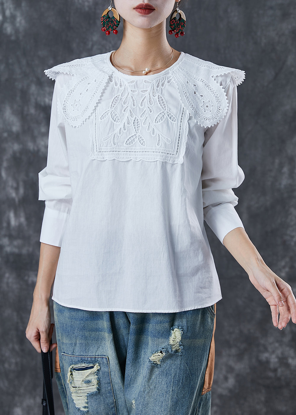 Art White O-Neck Lace Patchwork Cotton Shirt Top Fall