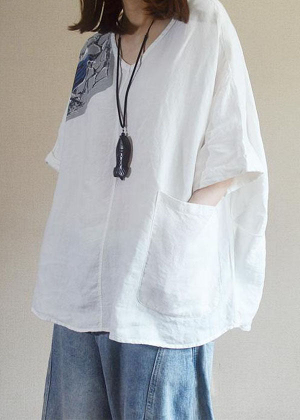 Art White O Neck Print Pockets Patchwork Linen Shirt Tops Summer