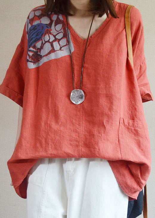 Art White O Neck Print Pockets Patchwork Linen Shirt Tops Summer