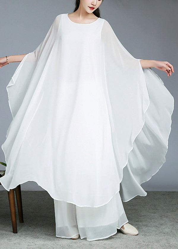 Art White Oversized Asymmetrical Design Chiffon Two Pieces Set Summer