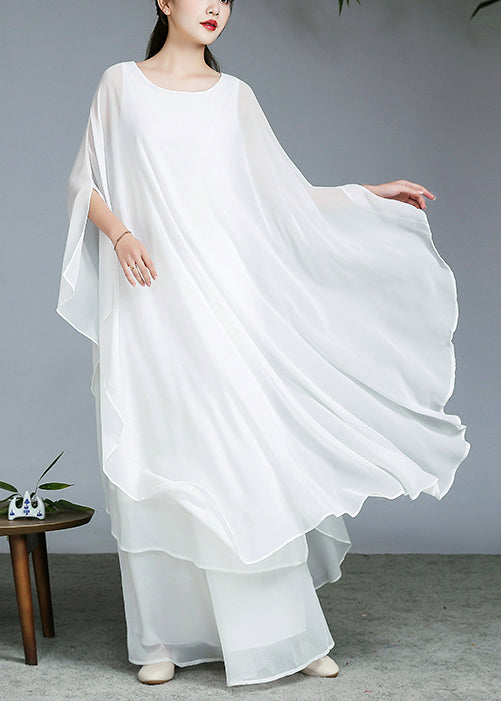 Art White Oversized Asymmetrical Design Chiffon Two Pieces Set Summer