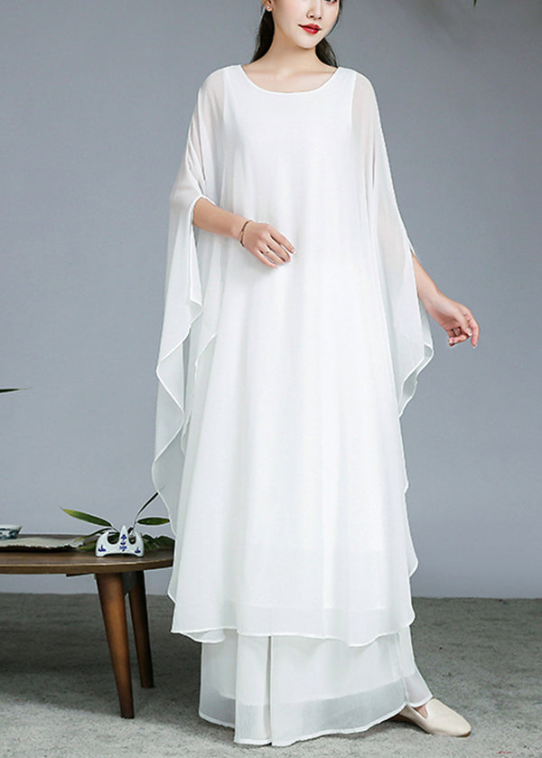 Art White Oversized Asymmetrical Design Chiffon Two Pieces Set Summer