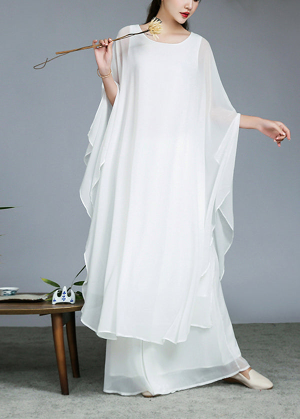 Art White Oversized Asymmetrical Design Chiffon Two Pieces Set Summer