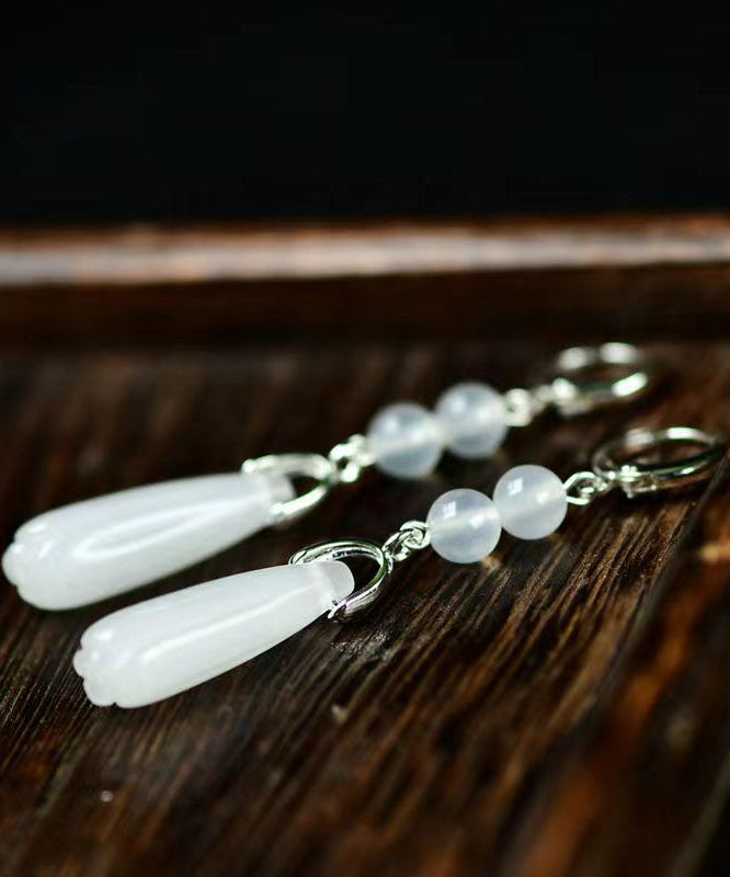 Art White Sterling Silver Jade Orchid Crystal Drop Earrings