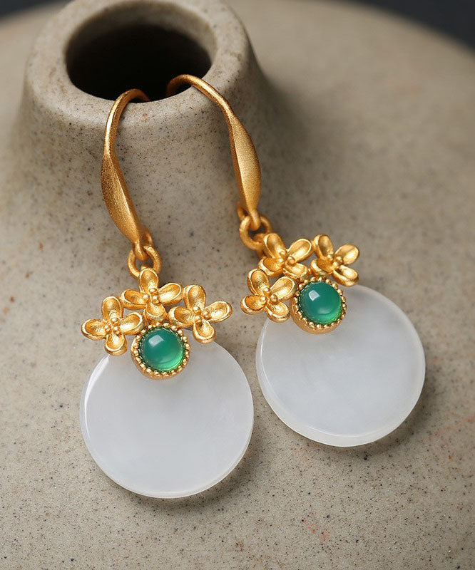 Art White Sterling Silver Overgild Inlaid Jade Floral Drop Earrings