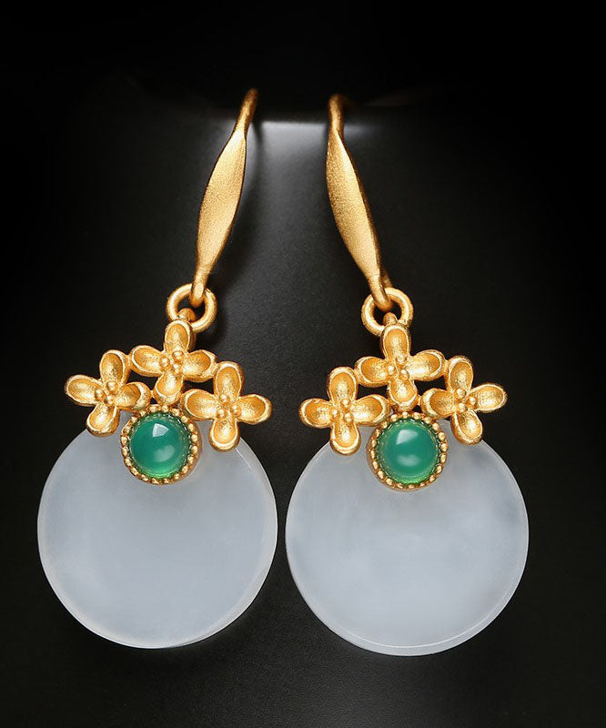 Art White Sterling Silver Overgild Inlaid Jade Floral Drop Earrings