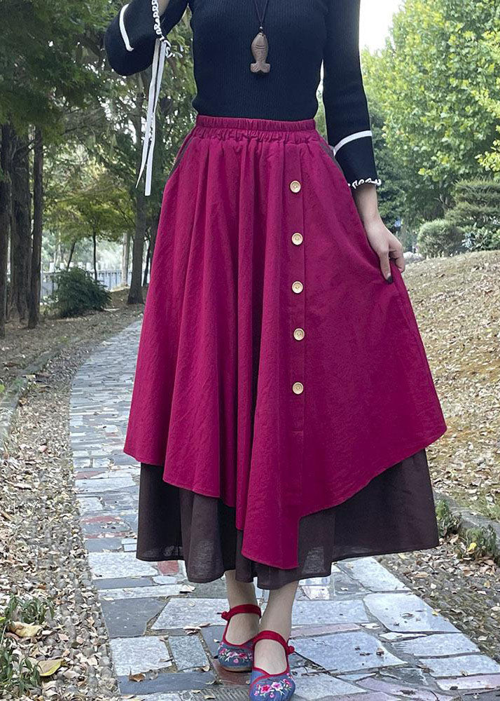 Art Wine Red Wrinkled Asymmetrical Pockets Patchwork Cotton Skirts Fall