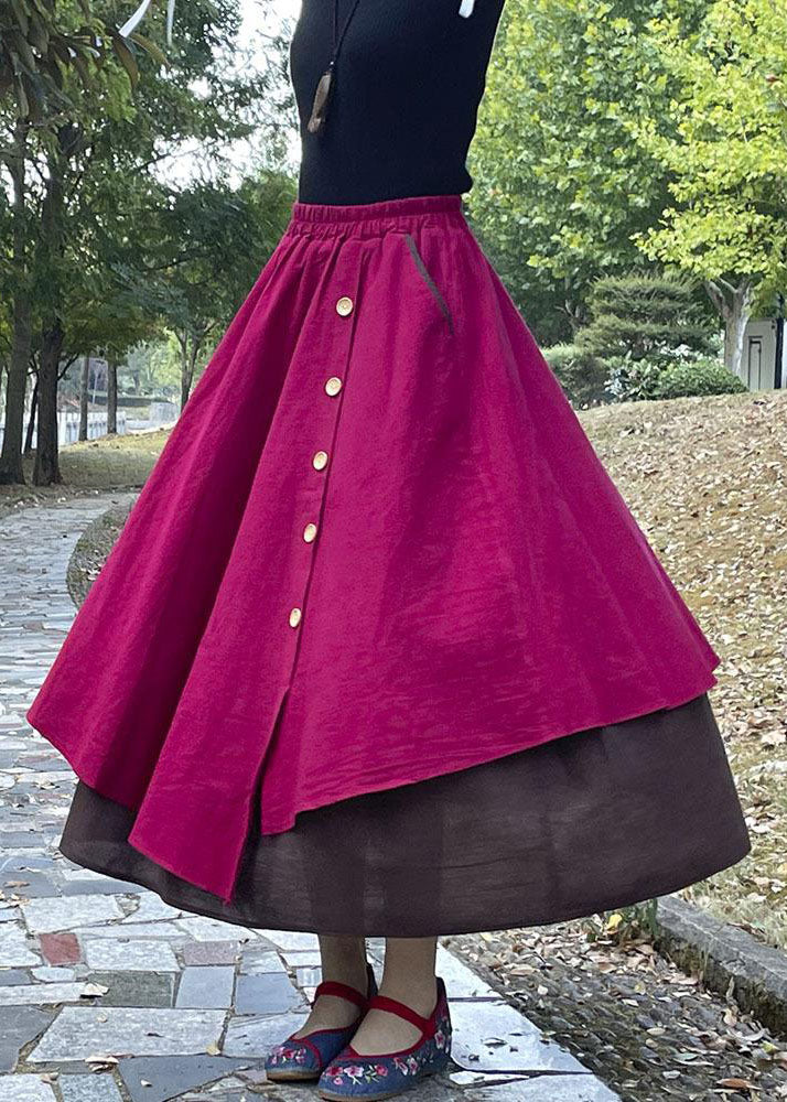 Art Wine Red Wrinkled Asymmetrical Pockets Patchwork Cotton Skirts Fall