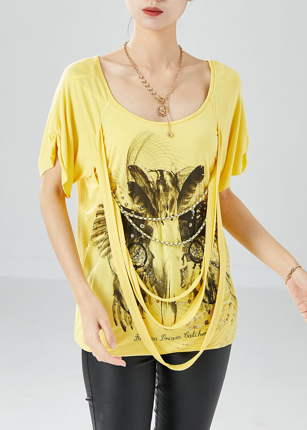 Art Yellow Asymmetrical Design Rivet Print Silk Tank Summer