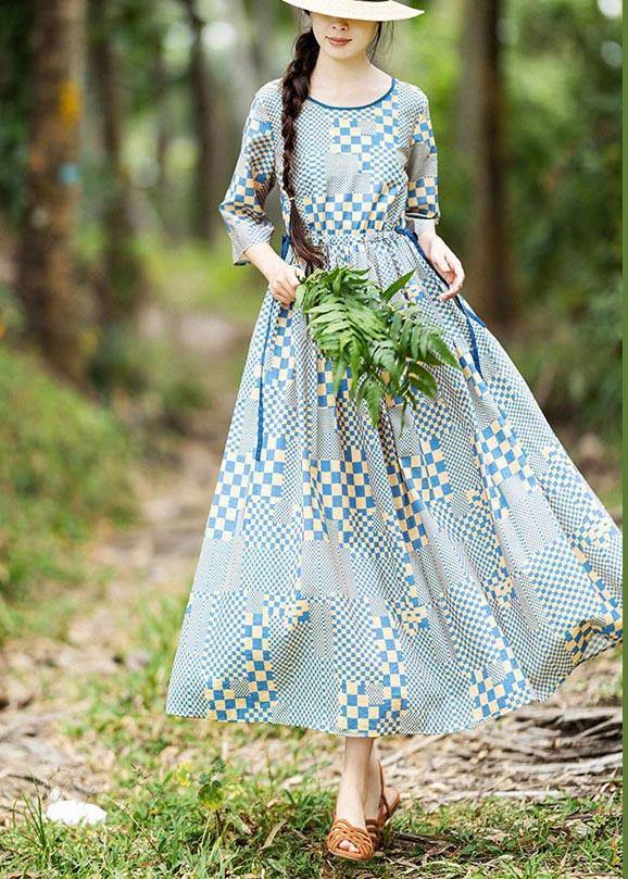 Art Yellow Blue Plaid tie waist Dress Summer Linen Dress - Omychic