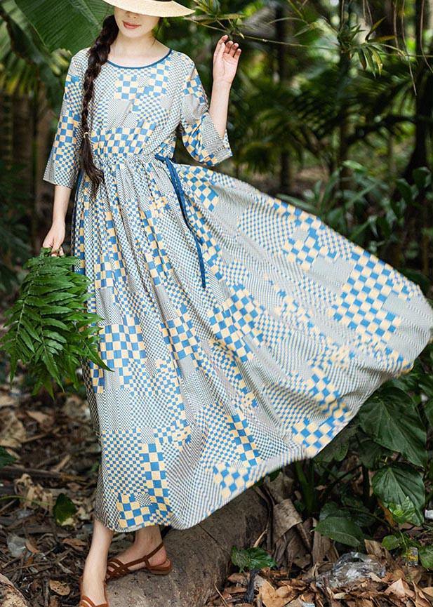 Art Yellow Blue Plaid tie waist Dress Summer Linen Dress - Omychic