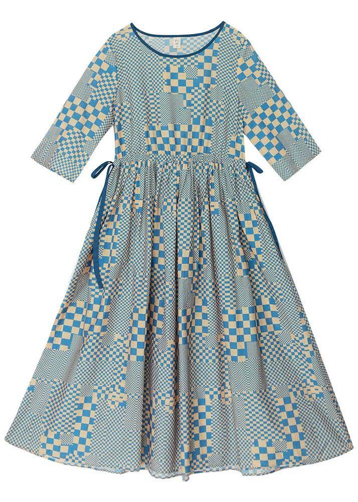 Art Yellow Blue Plaid tie waist Dress Summer Linen Dress - Omychic