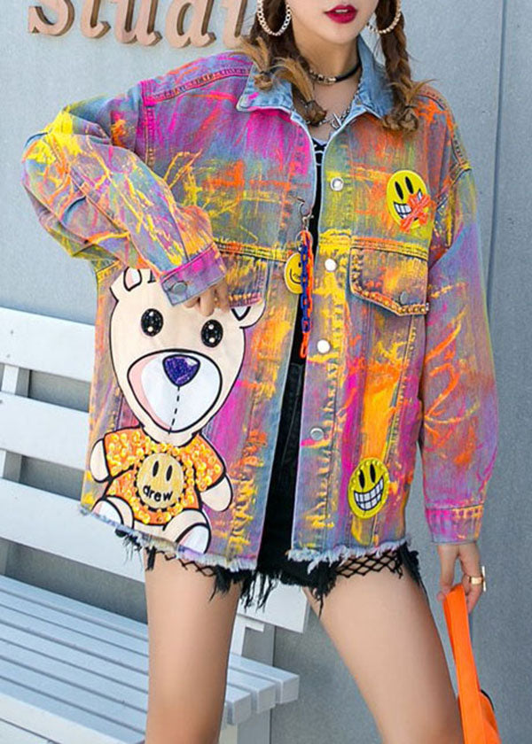 Art Yellow Graphic Zircon Nail Bead Patchwork Denim Coat Spring