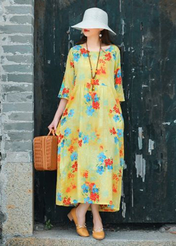 Art Yellow O-Neck Print Cotton Vacation Dresses Half Sleeve