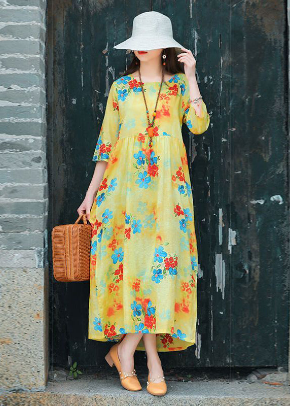 Art Yellow O-Neck Print Cotton Vacation Dresses Half Sleeve