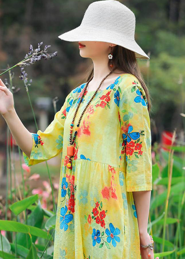 Art Yellow O-Neck Print Cotton Vacation Dresses Half Sleeve