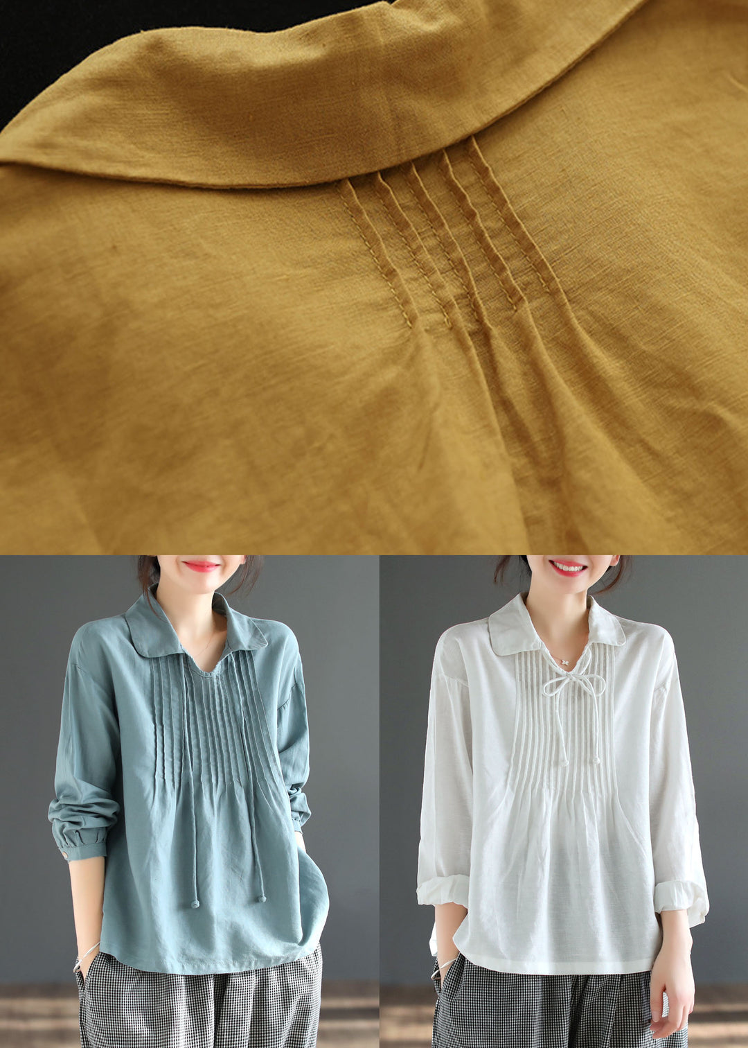 Art Yellow Peter Pan Collar Wrinkled Patchwork Cotton Shirt Top Spring