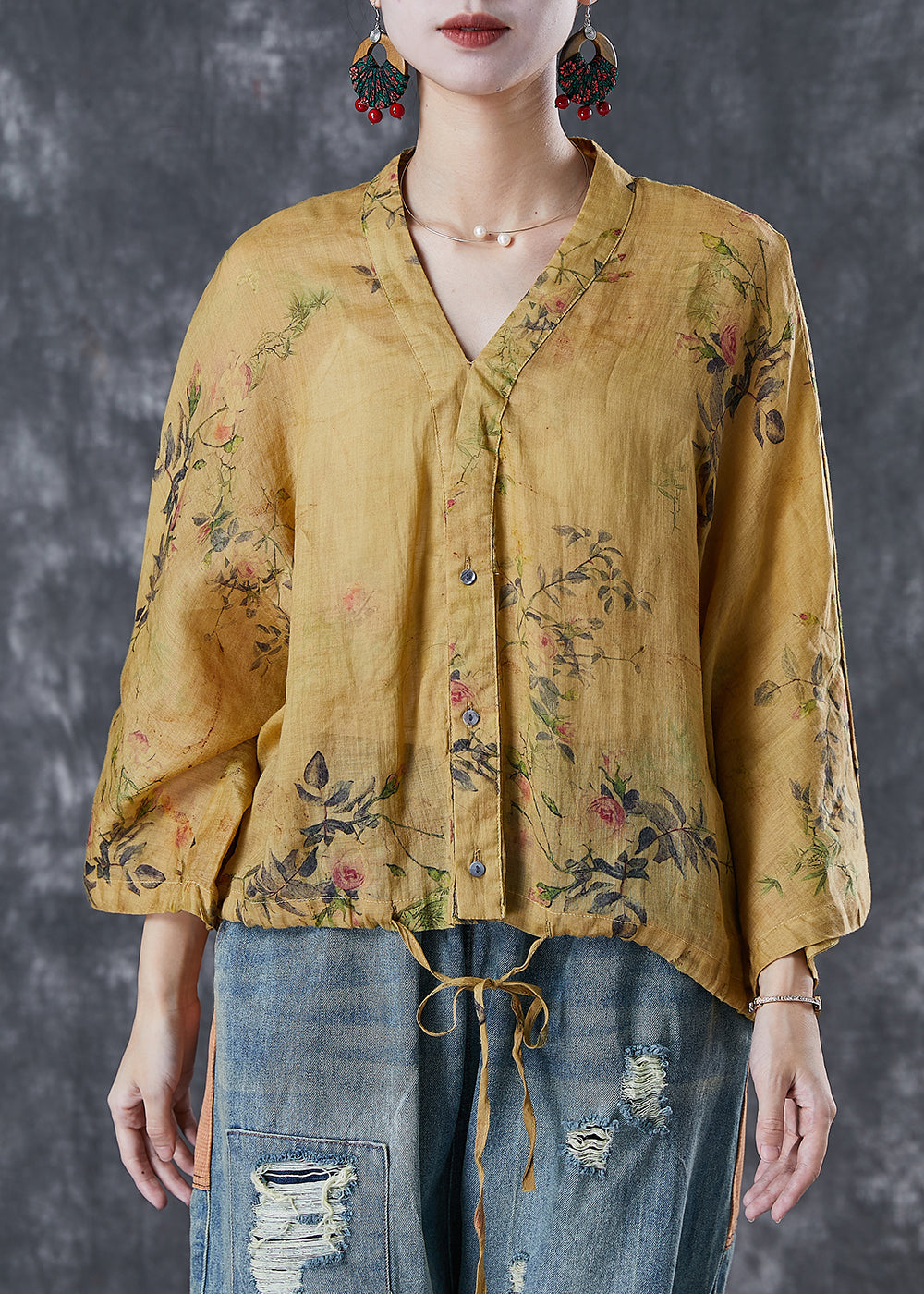 Art Yellow Print Drawstring Linen Shirt Top Spring