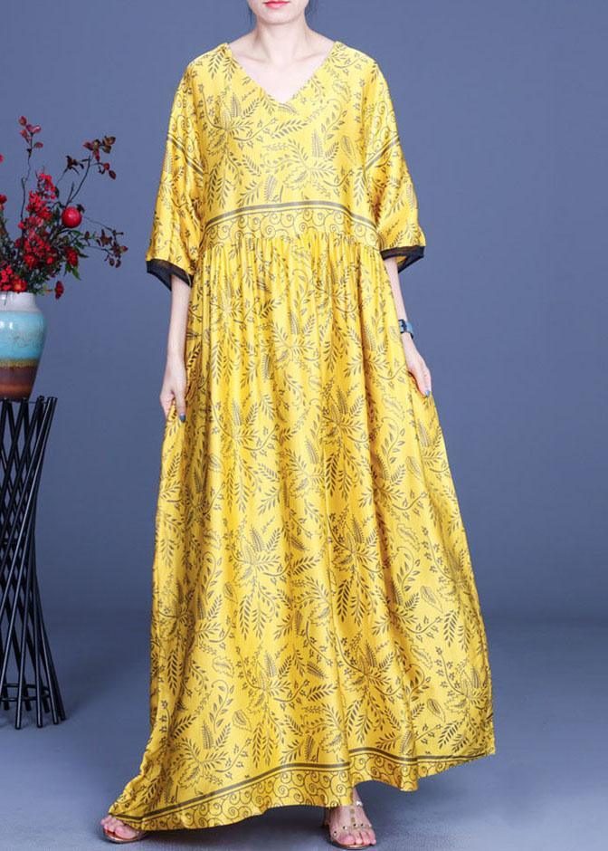 Art Yellow Print Silk Loose Long Dresses Summer - Omychic