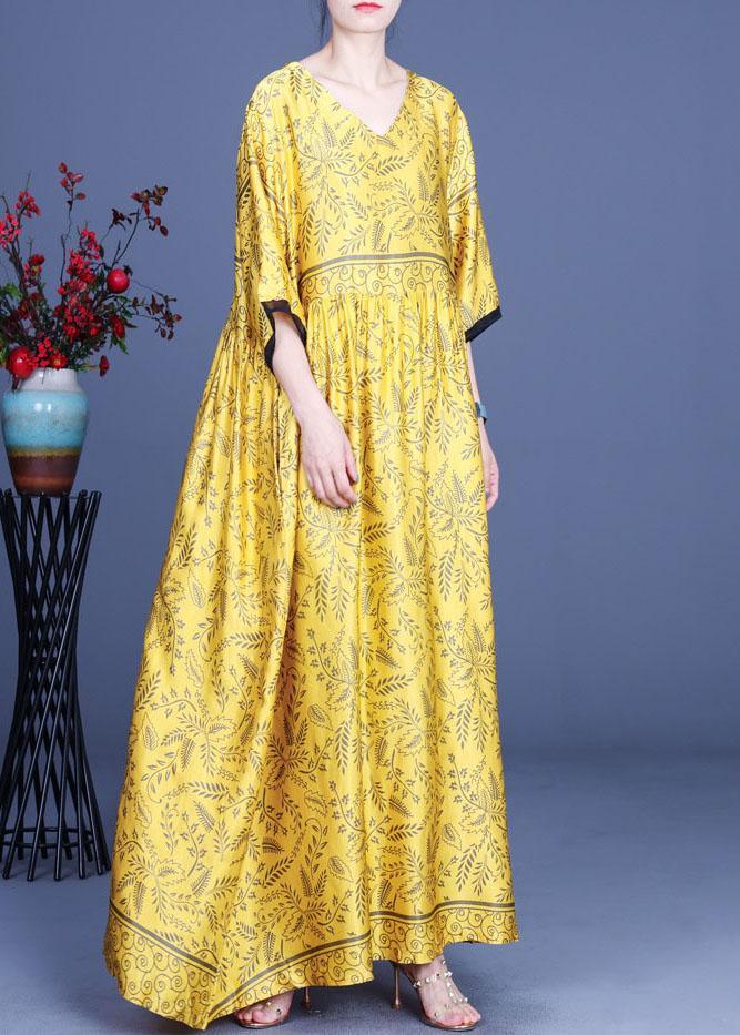 Art Yellow Print Silk Loose Long Dresses Summer - Omychic