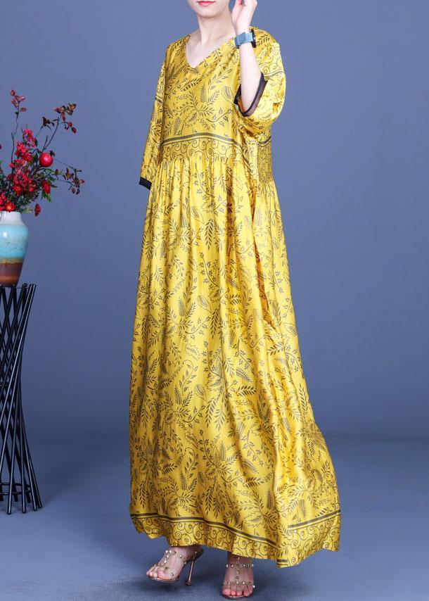 Art Yellow Print Silk Loose Long Dresses Summer - Omychic