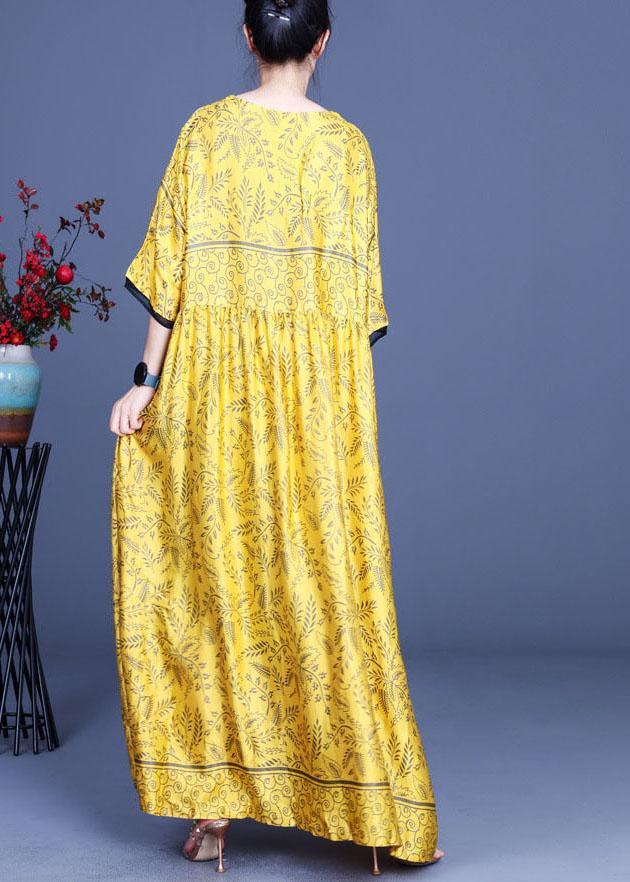 Art Yellow Print Silk Loose Long Dresses Summer - Omychic