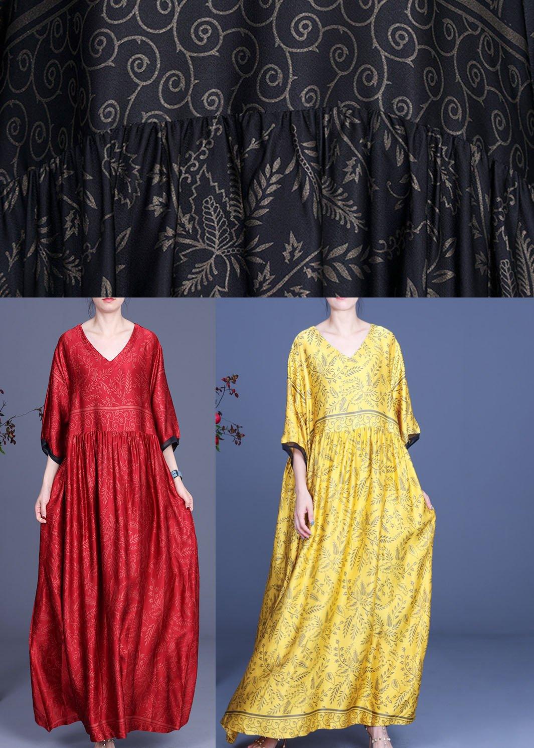 Art Yellow Print Silk Loose Long Dresses Summer - Omychic