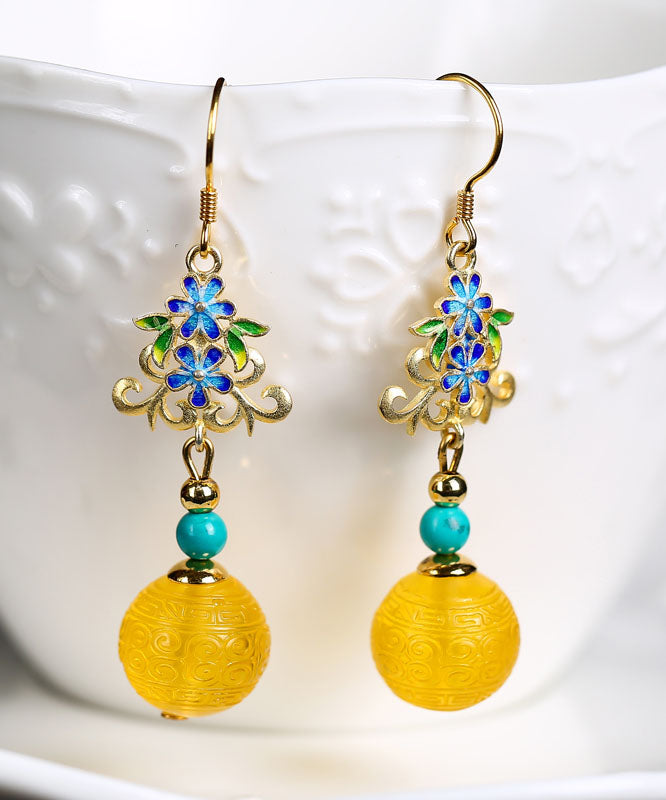 Art Yellow Sterling Silver Inlaid Amber Turquoise Floral Drop Earrings