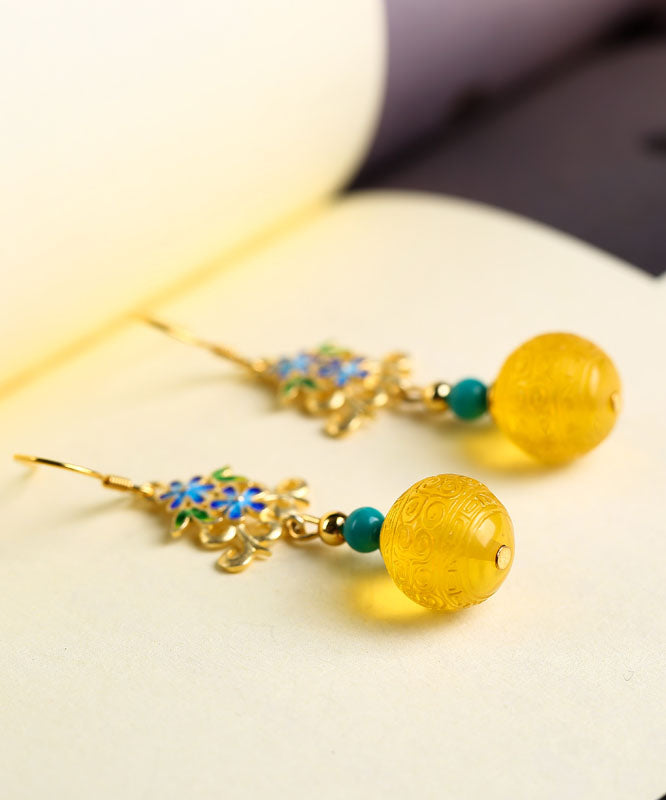 Art Yellow Sterling Silver Inlaid Amber Turquoise Floral Drop Earrings