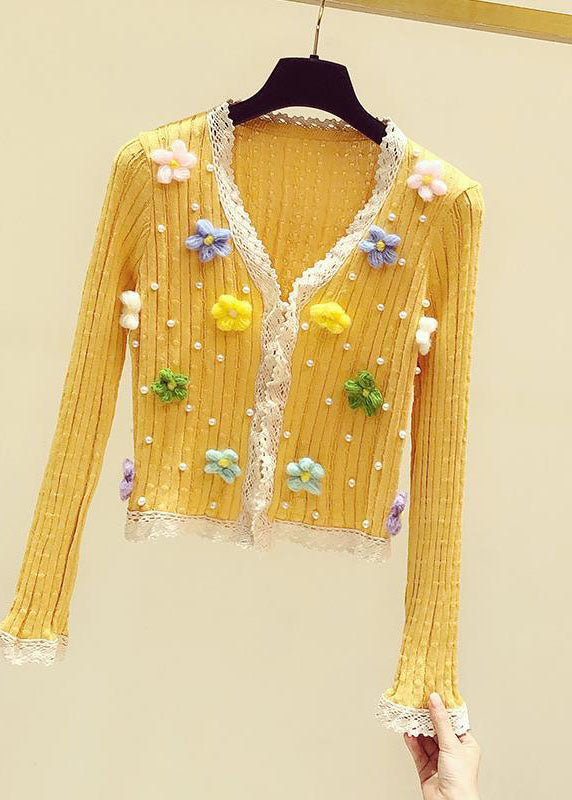 Art Yellow V Neck Floral Lace Patchwork Nail Bead Knit Sweater Fall