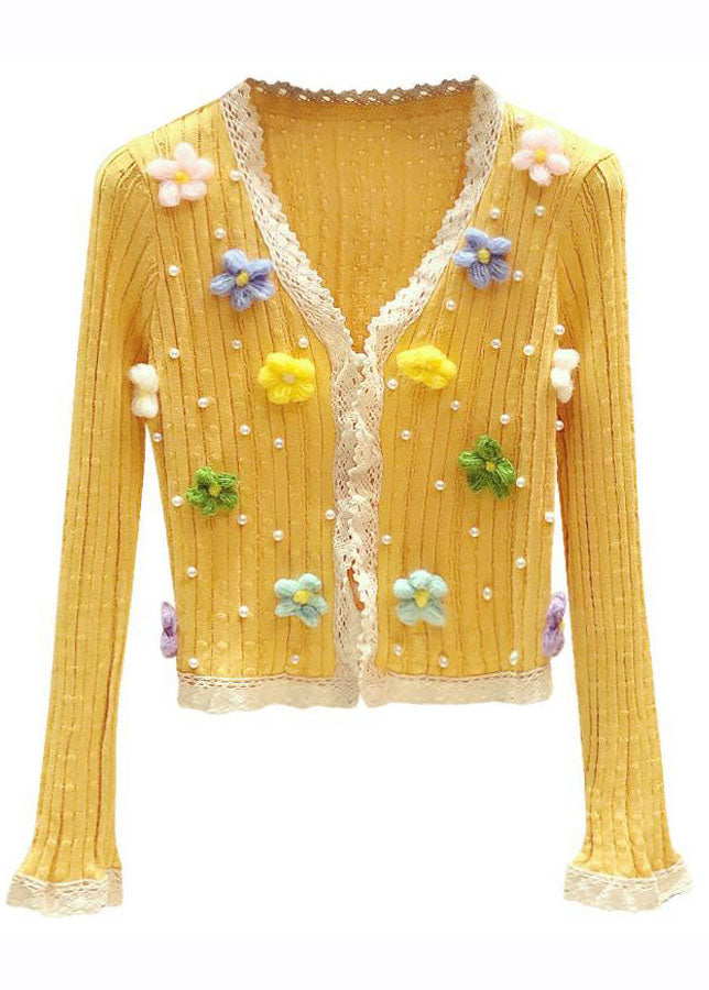 Art Yellow V Neck Floral Lace Patchwork Nail Bead Knit Sweater Fall