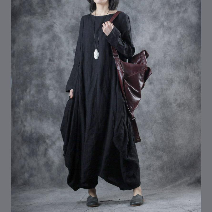 Art Black Linen Wrinkled Robes O Neck Asymmetric Maxi Fall Dress ( Limited Stock) - Omychic