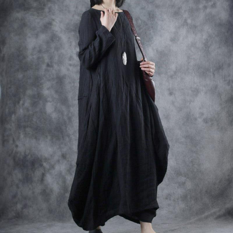Art Black Linen Wrinkled Robes O Neck Asymmetric Maxi Fall Dress ( Limited Stock) - Omychic