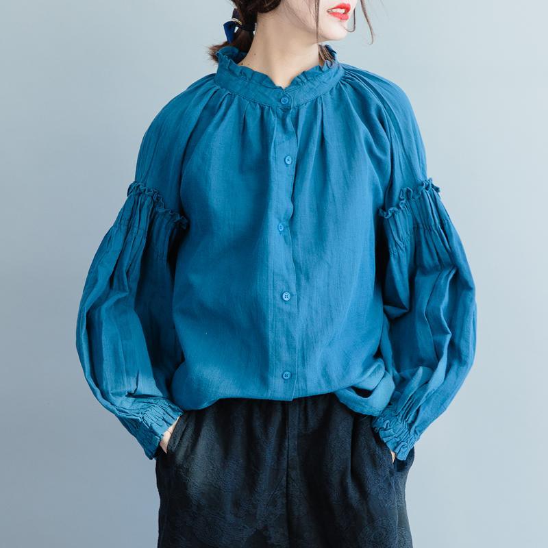 Art blue cotton blouses for women boutique design stand collar lantern sleeve cotton spring blouses - Omychic