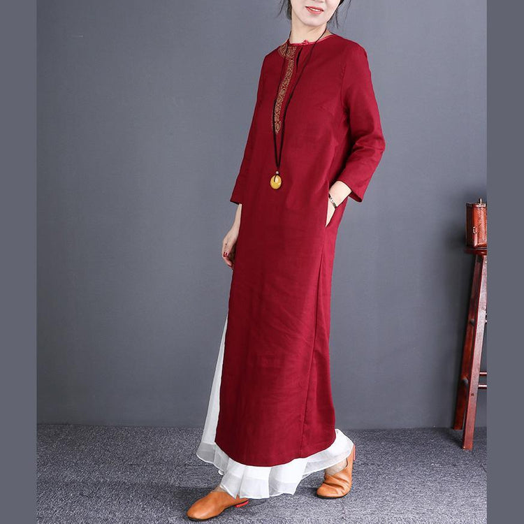Art burgundy linen Robes Organic Shape o neck side open Plus Size Dress - Omychic